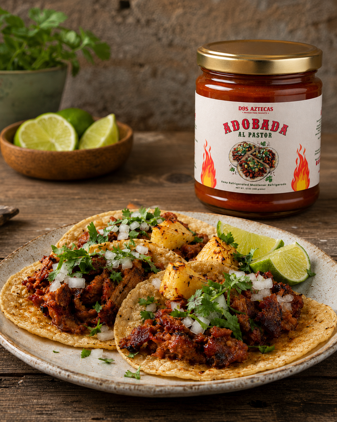 Dos Aztecas Adobada al Pastor marinade with tacos al pastor