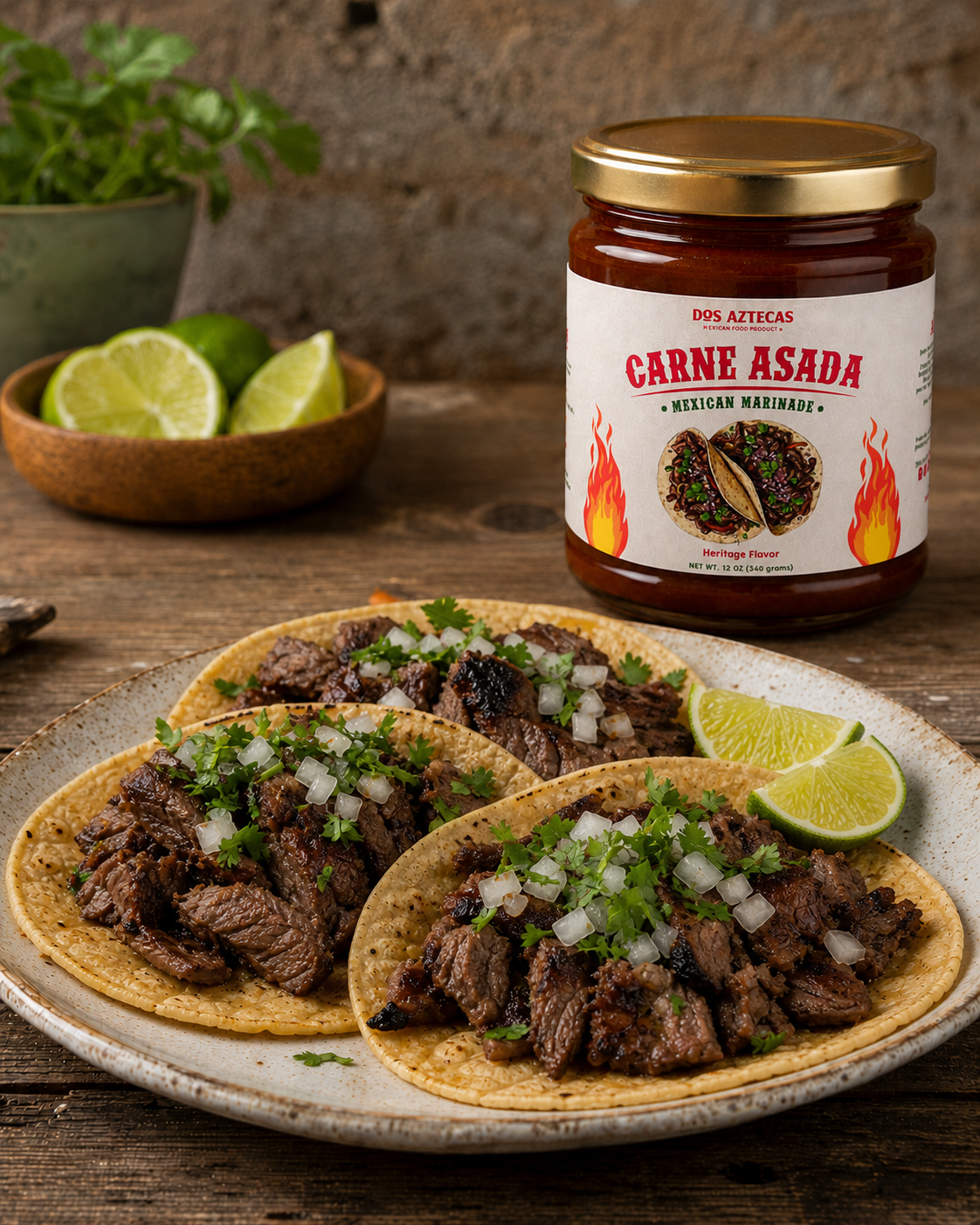 Dos Aztecas Carne Asada marinade with grilled carne asada tacos