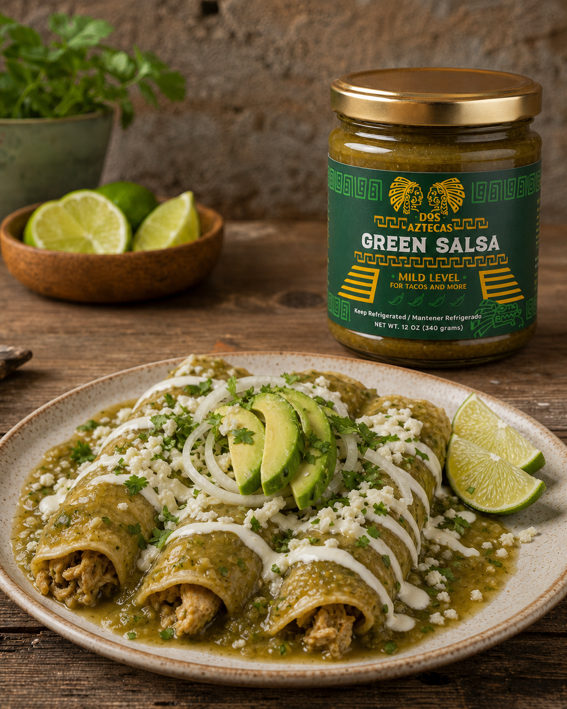 Dos Aztecas Green Salsa with chicken enchiladas verdes